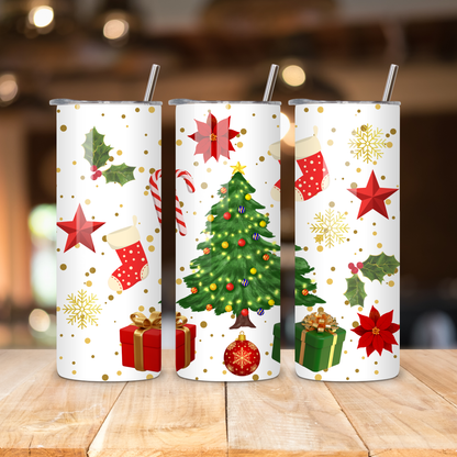 Christmas 20oz Skinny Tumbler – Holiday Tree & Gift Pattern • Insulated Stainless Steel Cup with Straw