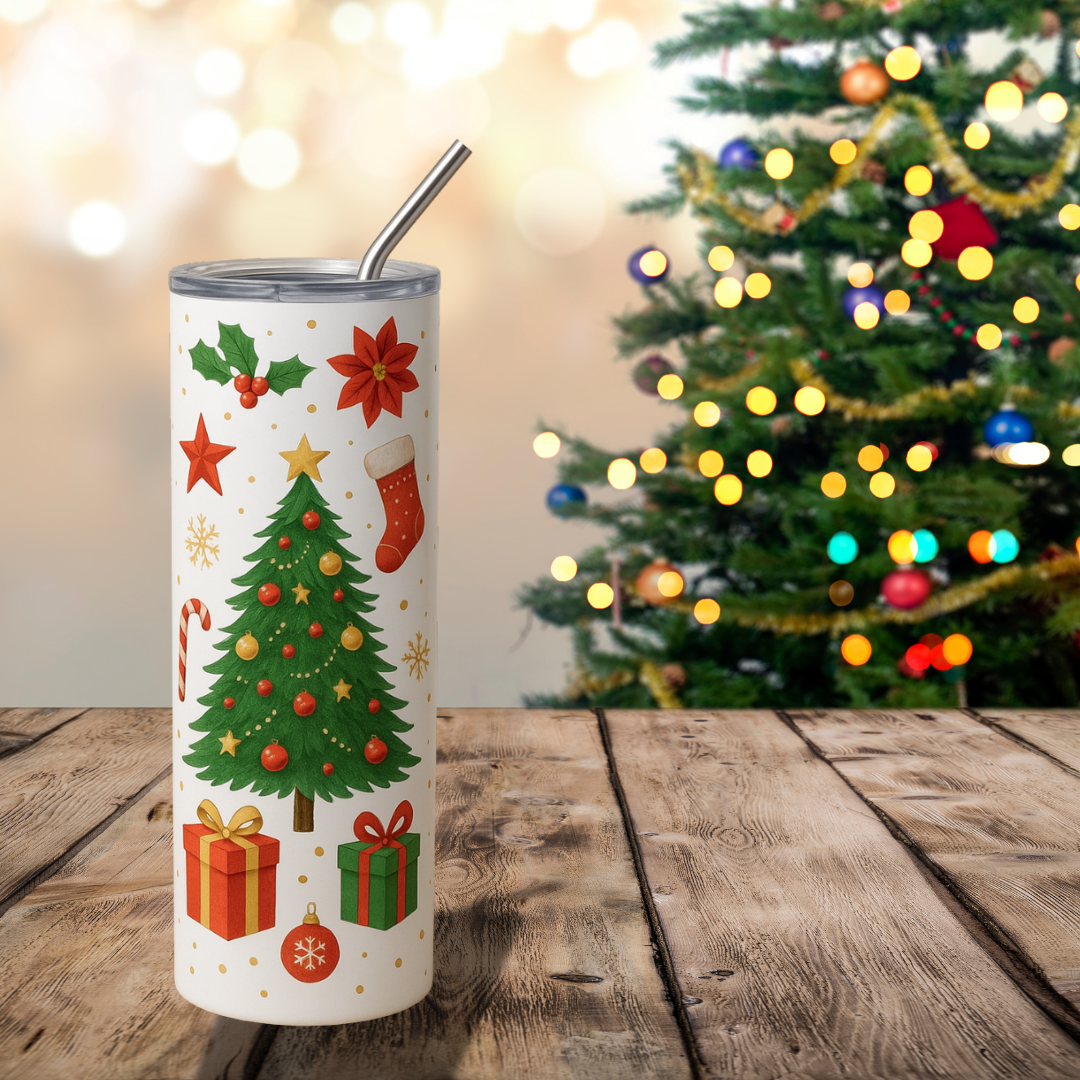Christmas 20oz Skinny Tumbler – Holiday Tree & Gift Pattern • Insulated Stainless Steel Cup with Straw