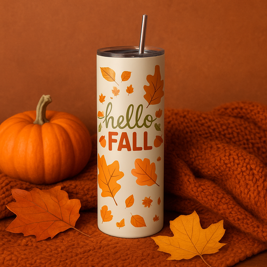 Tumbler with 'hello FALL' text and autumn leaf design on an orange background with a pumpkin and leaves.