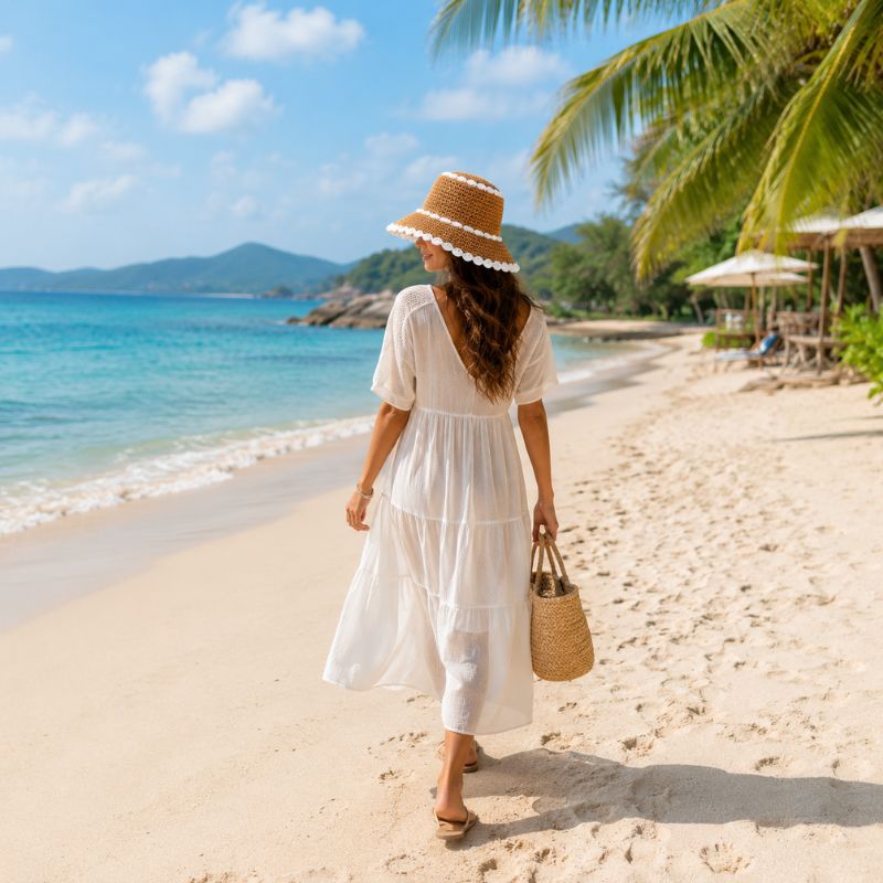 Woman in a white dress and straw hat walking on a sandy beach with palm trees and clear blue water.-Designs by Berniemae