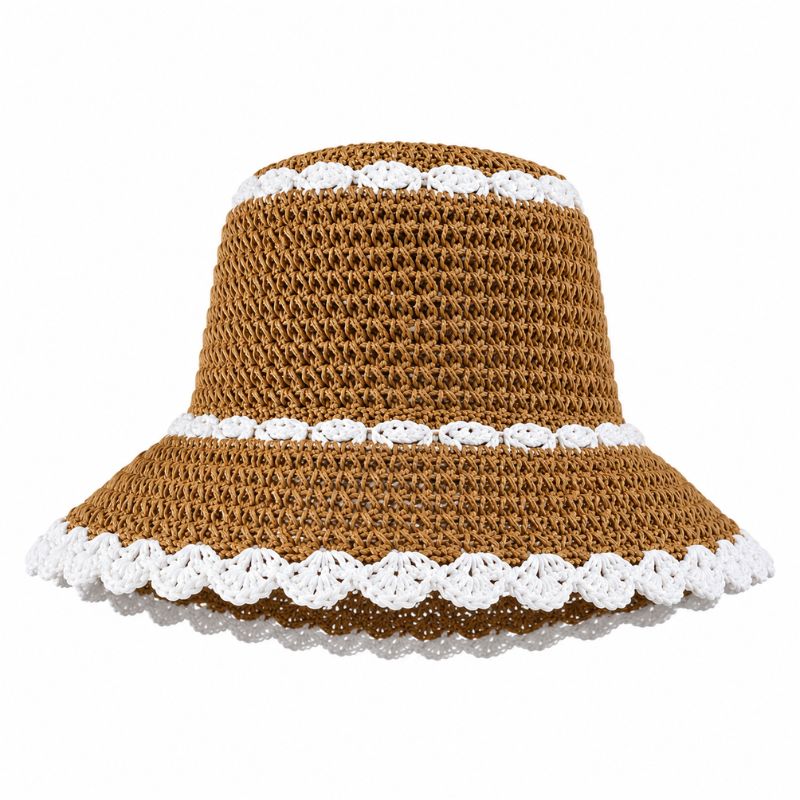Brown crochet hat with white trim on a white background. - Designs by Berniemae