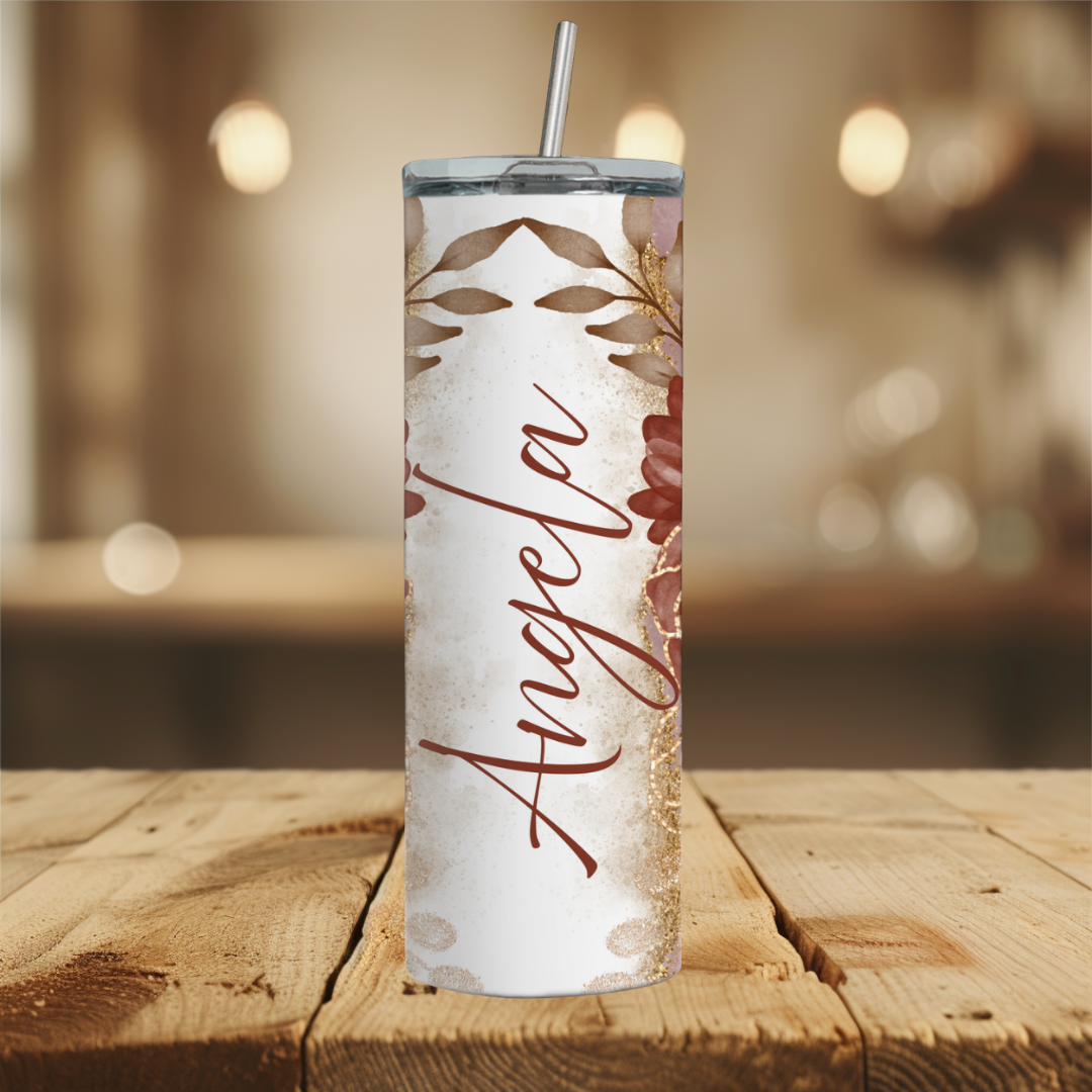 Personalized Glitter Floral Tumbler – Custom Name 20oz Stainless Steel