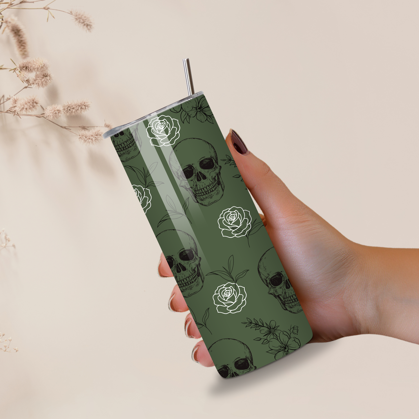 Subtle Skulls & Roses 20oz Skinny Tumbler | Gothic Fall Drinkware | Personalized Gift