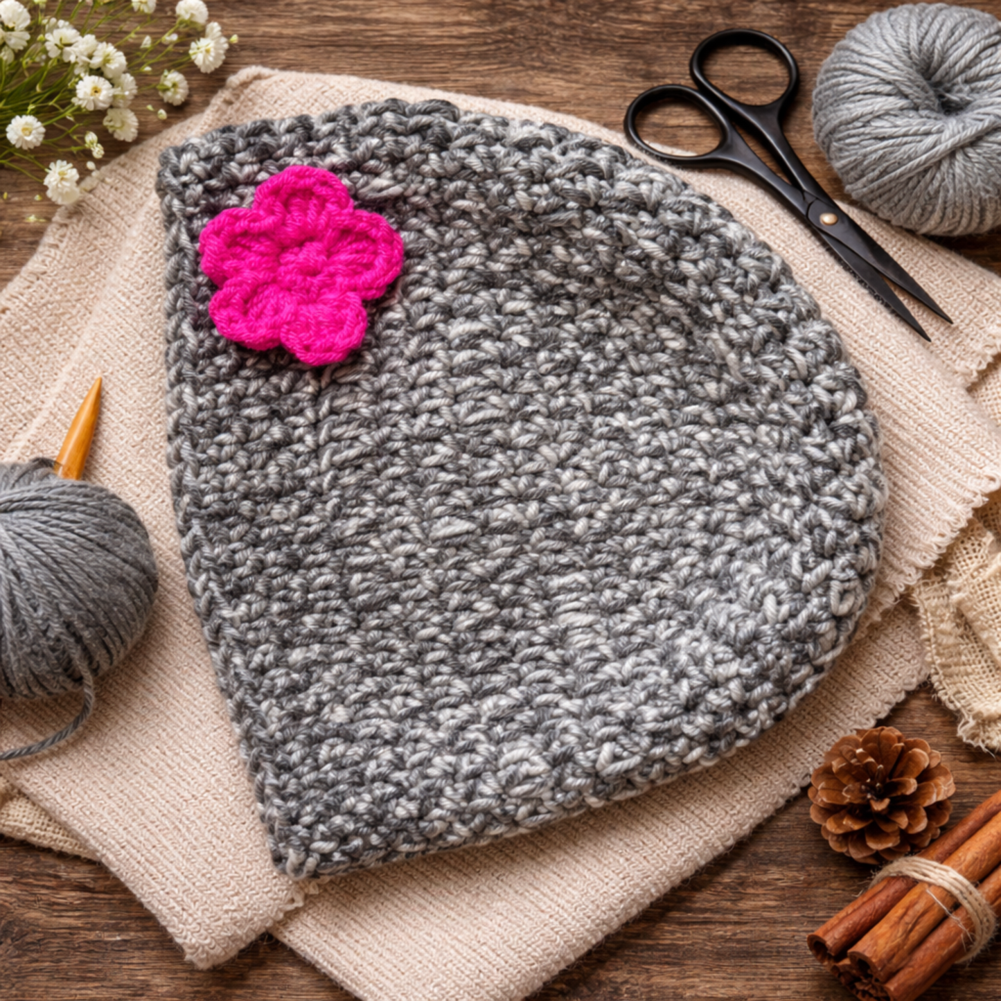 Handmade Gray Crochet Baby Beanie with Pink Flower
