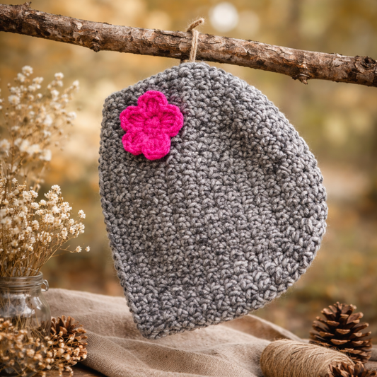 Handmade Gray Crochet Baby Beanie with Pink Flower
