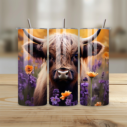 Highland Cow Wildflower Stainless Steel Tumbler – 20oz