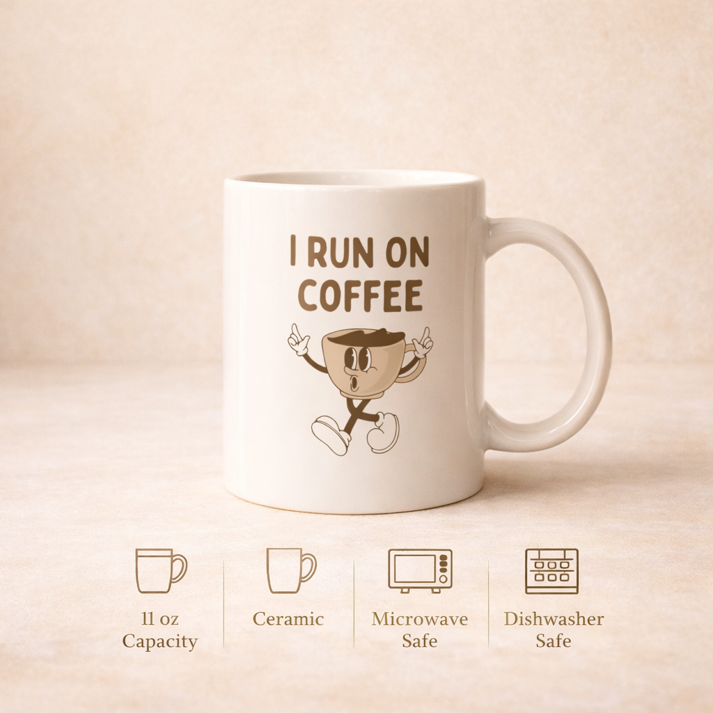 White mug with 'I Run on Coffee' text and cartoon cup character on a beige background