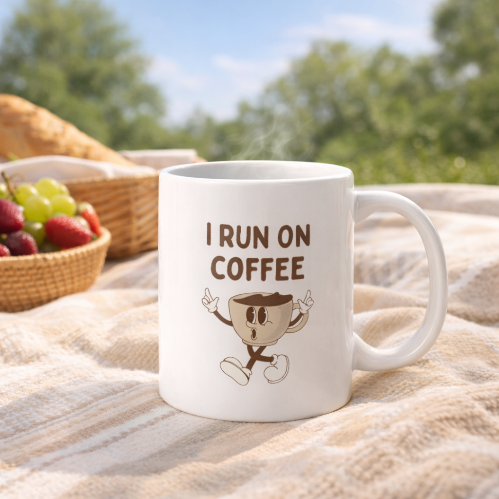 White mug with 'I Run on Coffee' text and cartoon coffee cup on a picnic blanket with fruits and basket in the background.