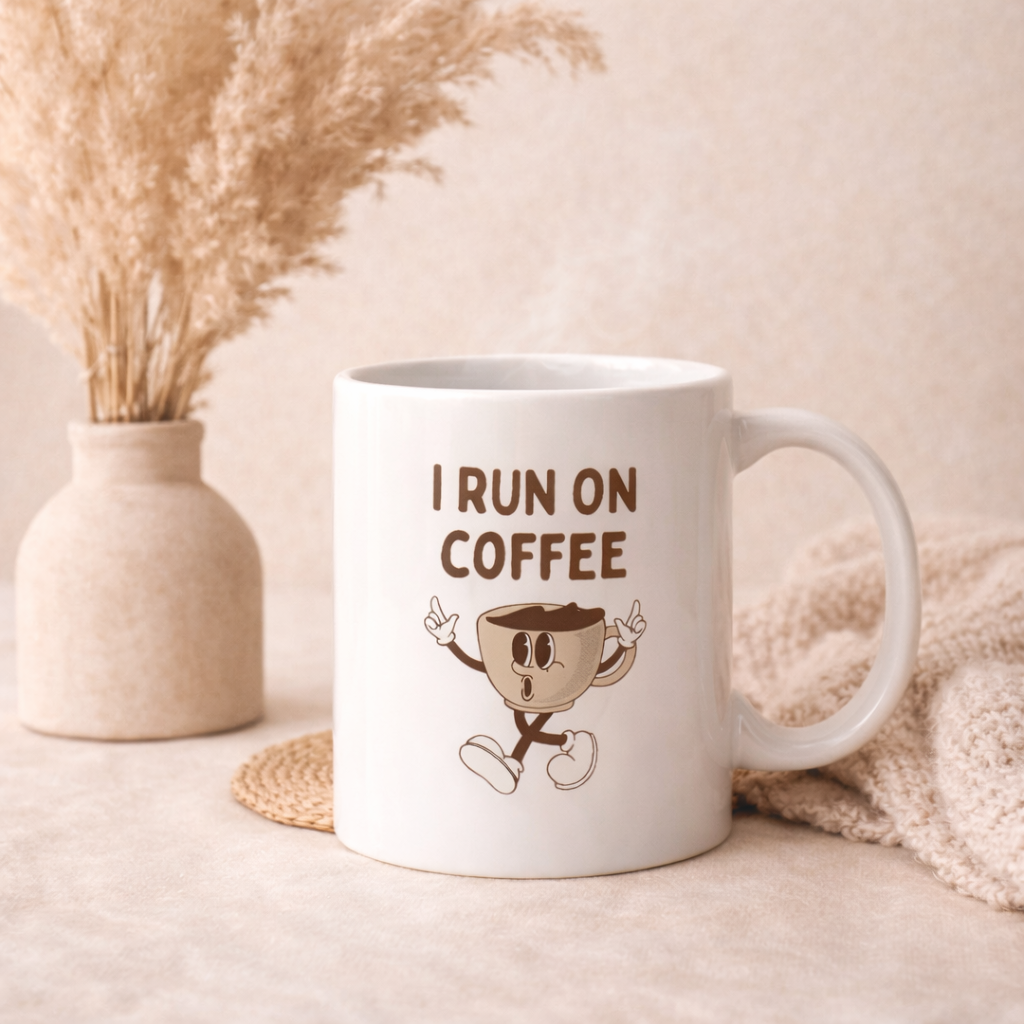 White mug with 'I Run on Coffee' text and cartoon coffee cup design on a neutral background.