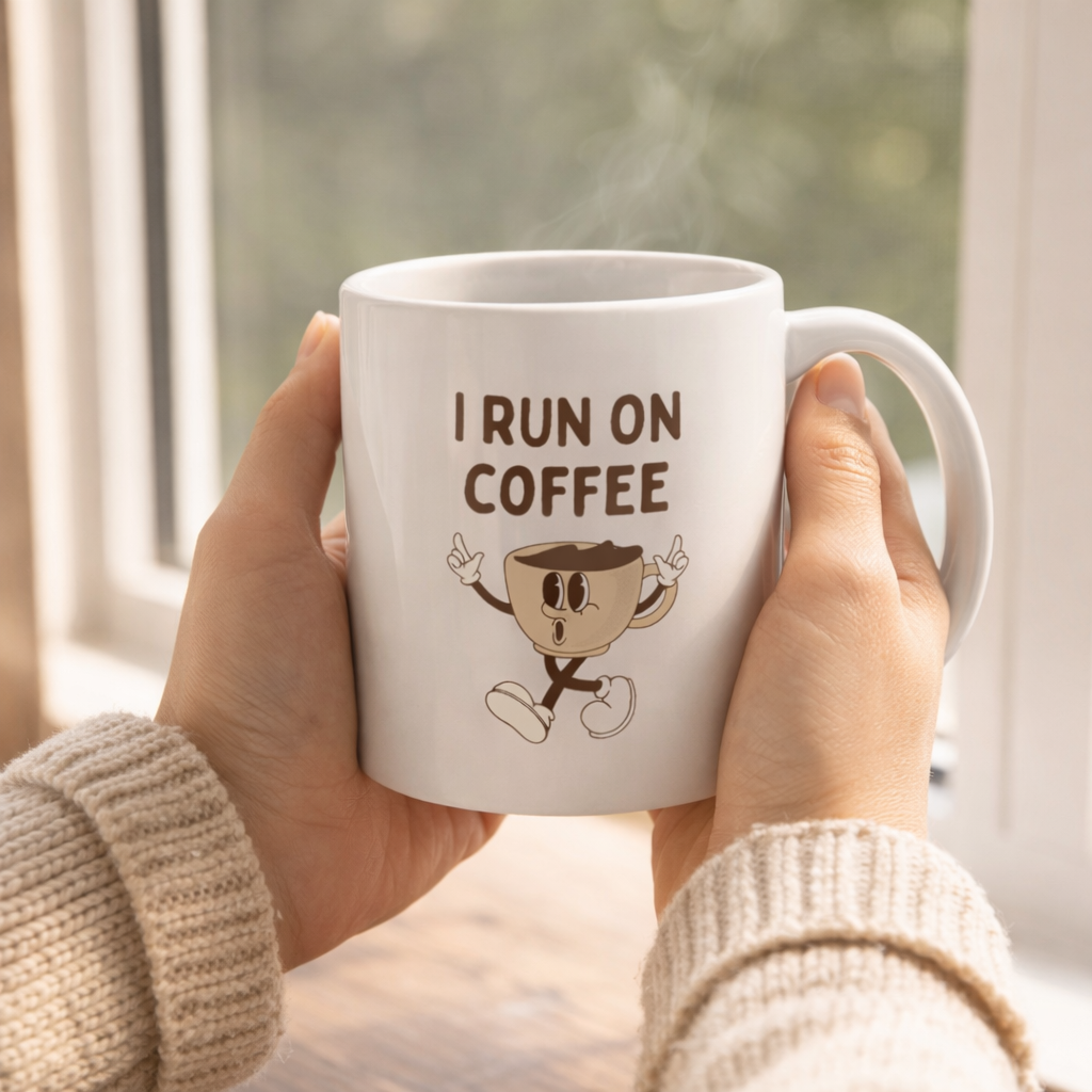 Person holding a white mug with 'I Run on Coffee' text and cartoon coffee cup design.
