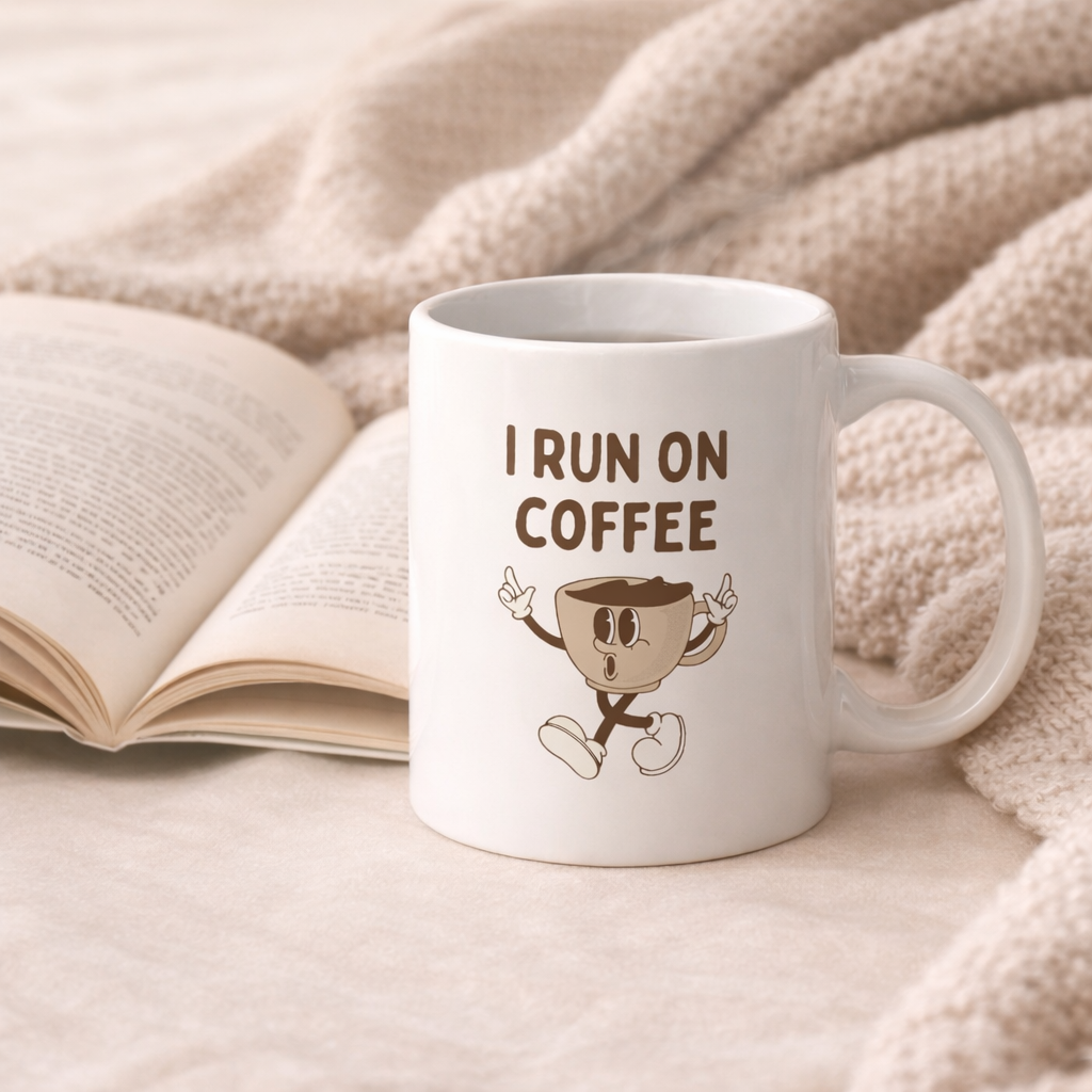White mug with 'I Run on Coffee' text and cartoon cup design, placed on a soft surface with an open book.