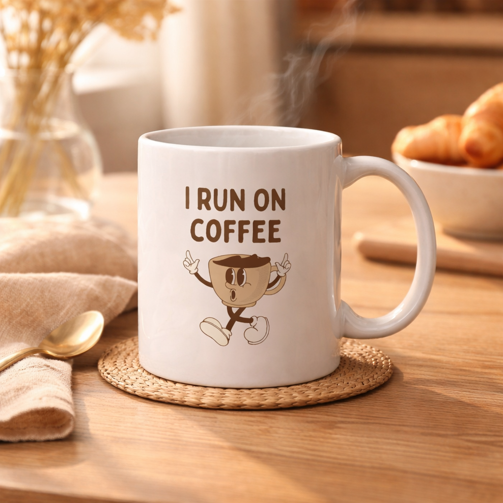 White mug with 'I Run on Coffee' text and cartoon coffee cup on a wooden table with a bowl of pastries in the background.