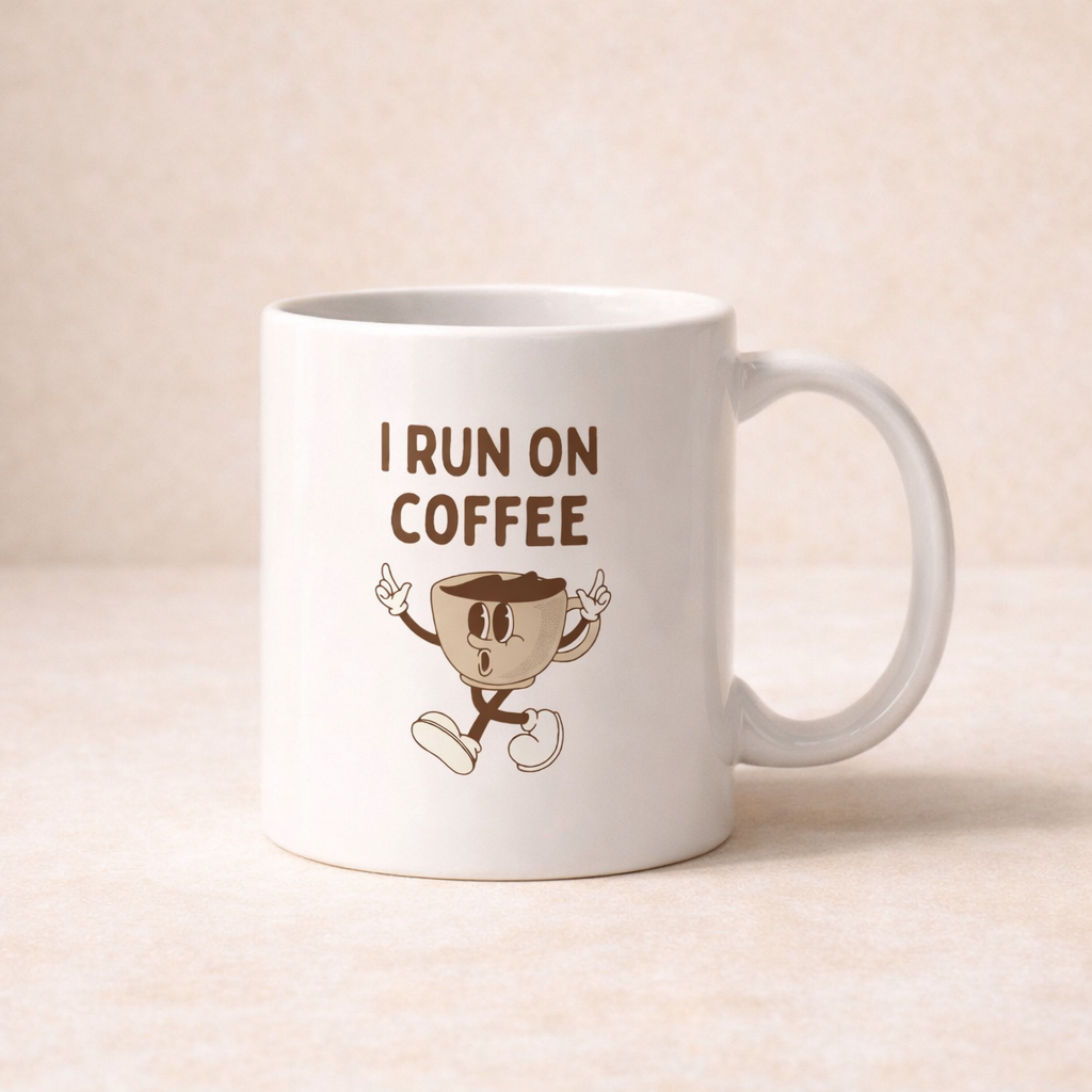 White mug with cartoon cup and 'I Run on Coffee' text on a beige background