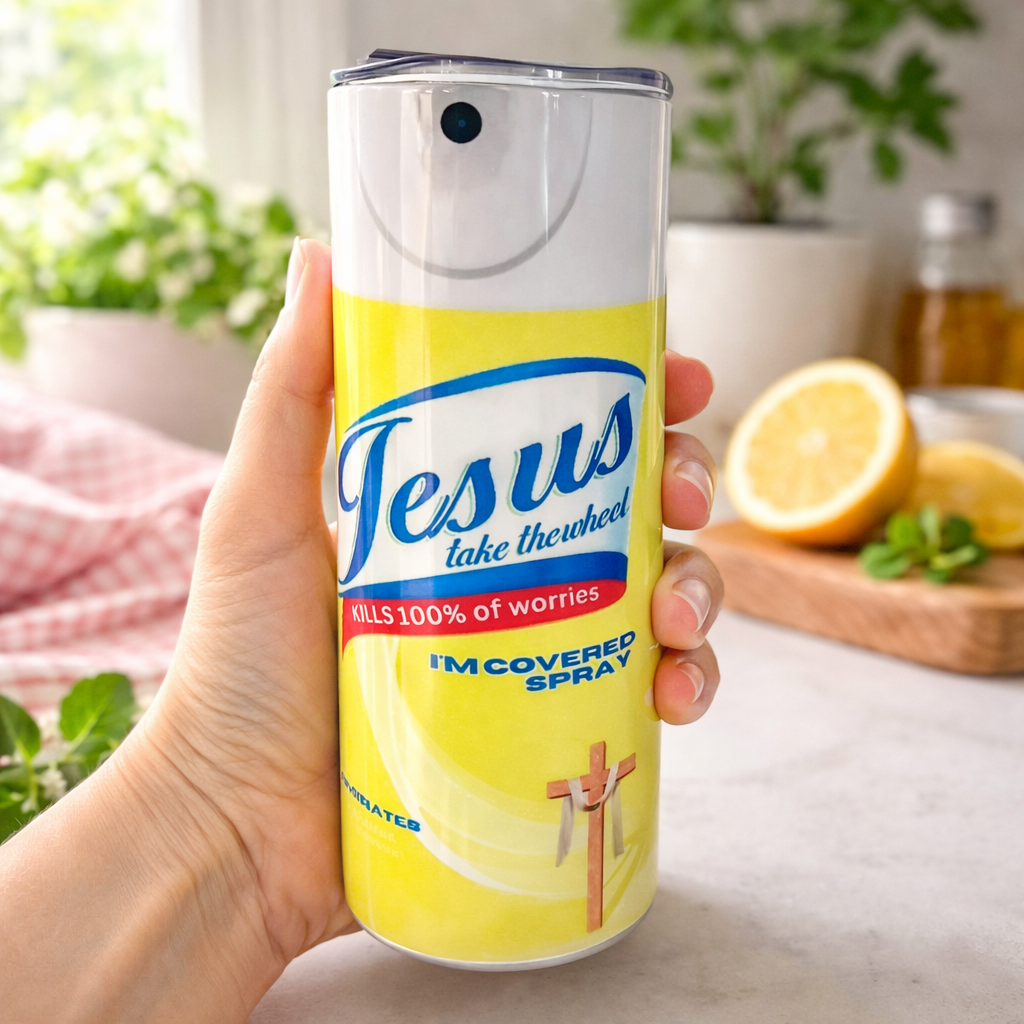 Hand holding a can of 'Jesus take the wheel' spray with a lemon and kitchen items in the background.