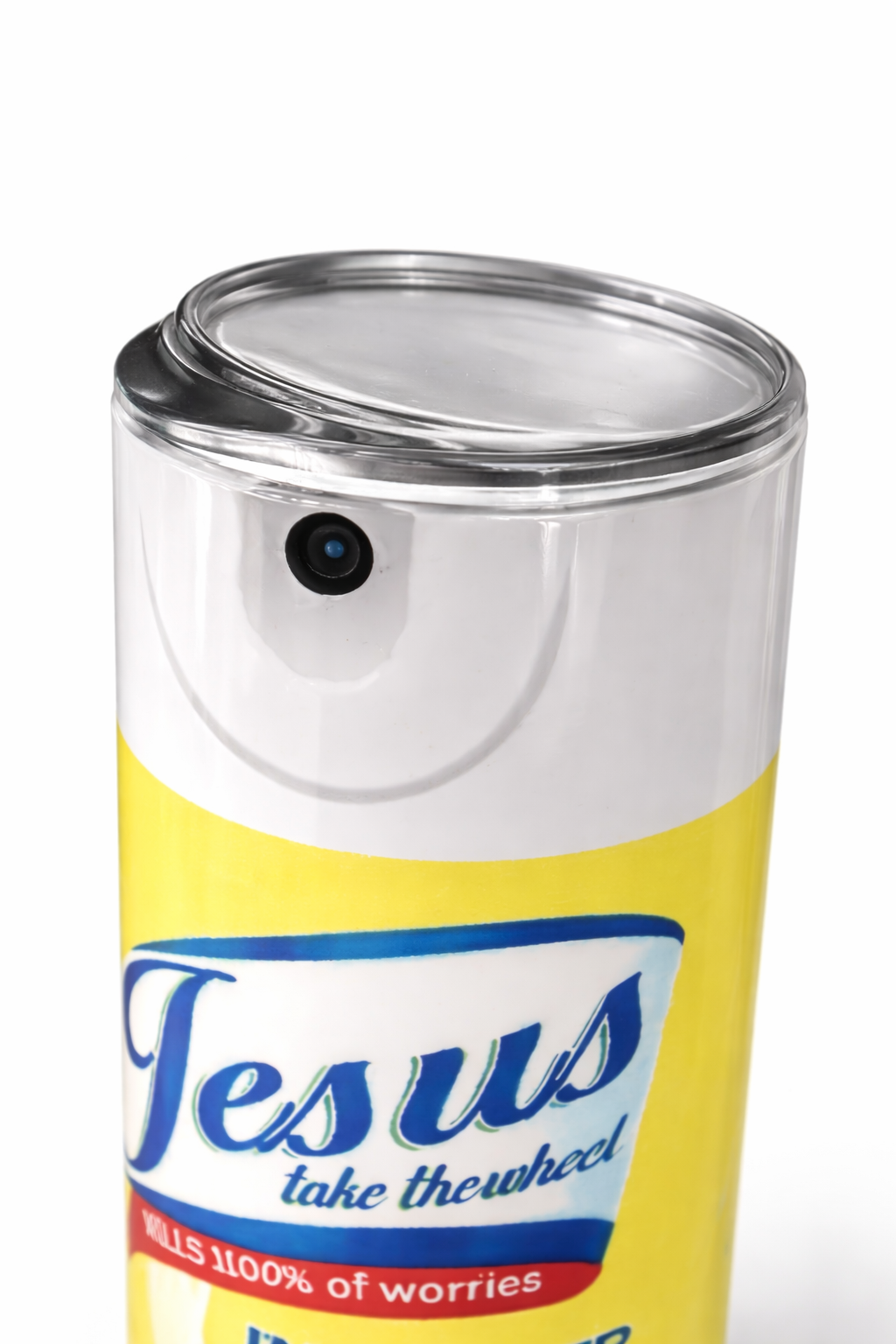 Clear cylindrical container with yellow label featuring text and a camera on a white background