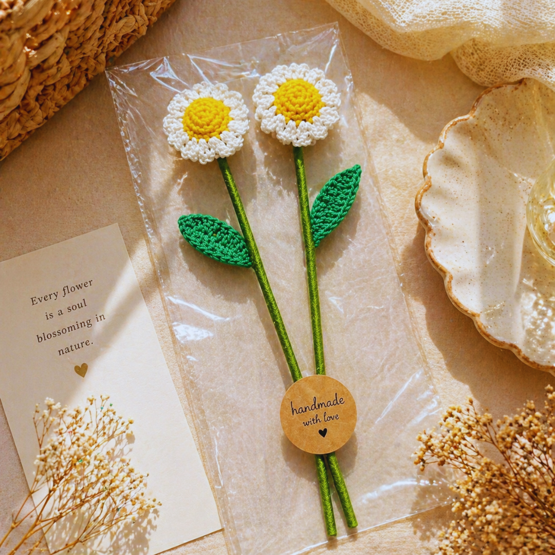 Handmade crochet daisy flowers in clear packaging with a wooden tag on a natural background.