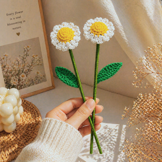 Hand holding two crocheted daisy flowers with a neutral background
