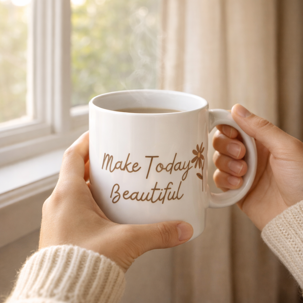 Person holding a white mug with 'Make Today Beautiful' text in front of a window.