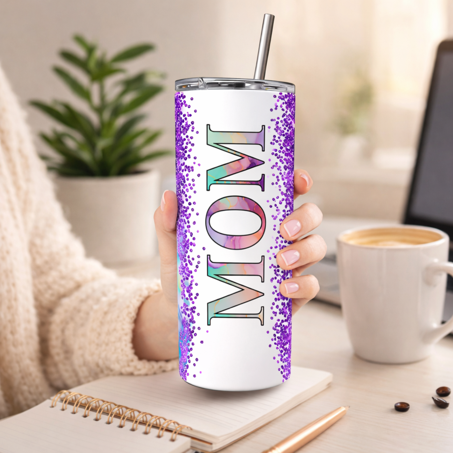 Purple Glitter Mom Tumbler 20 oz