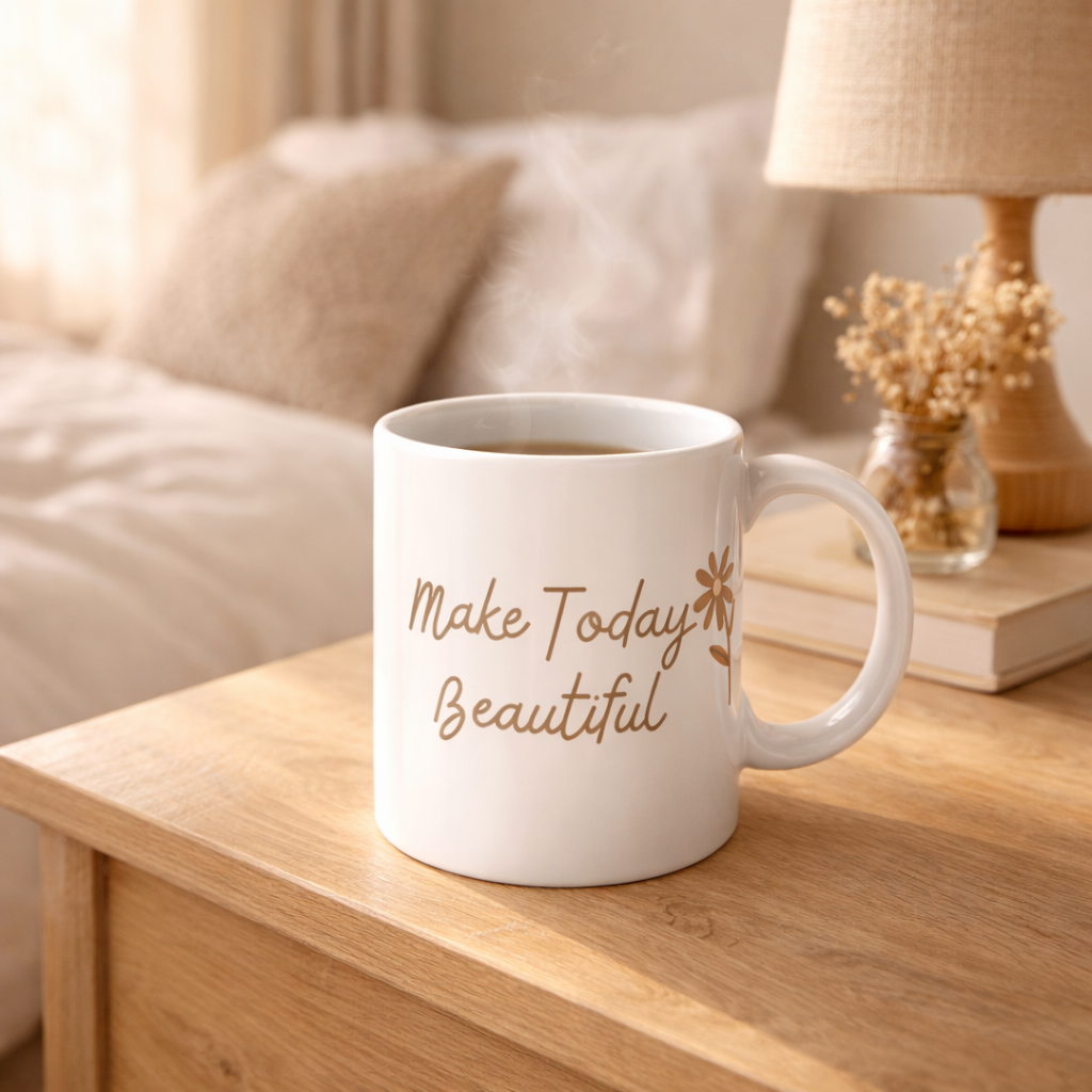 White mug with 'Make Today Beautiful' text on a wooden table in a cozy living room.