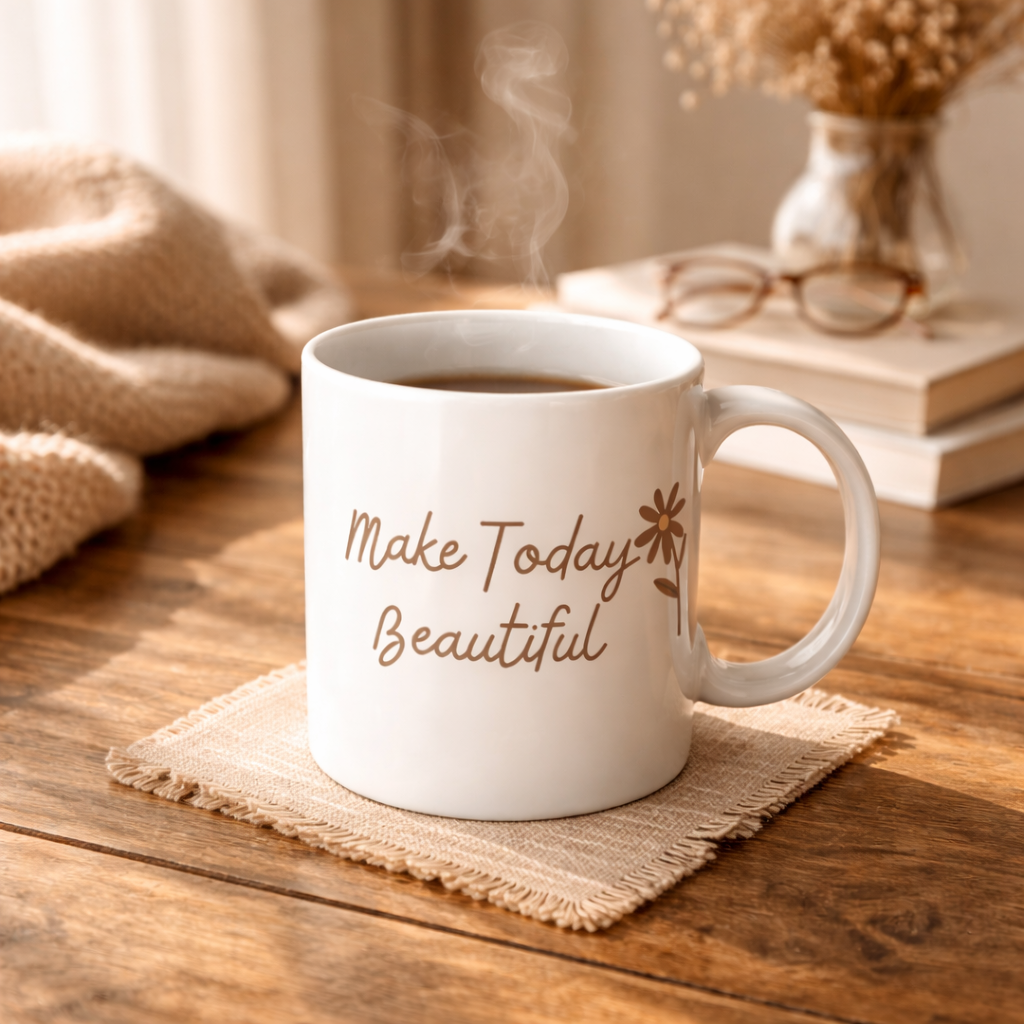 White mug with 'Make Today Beautiful' text on a wooden table with a cozy background