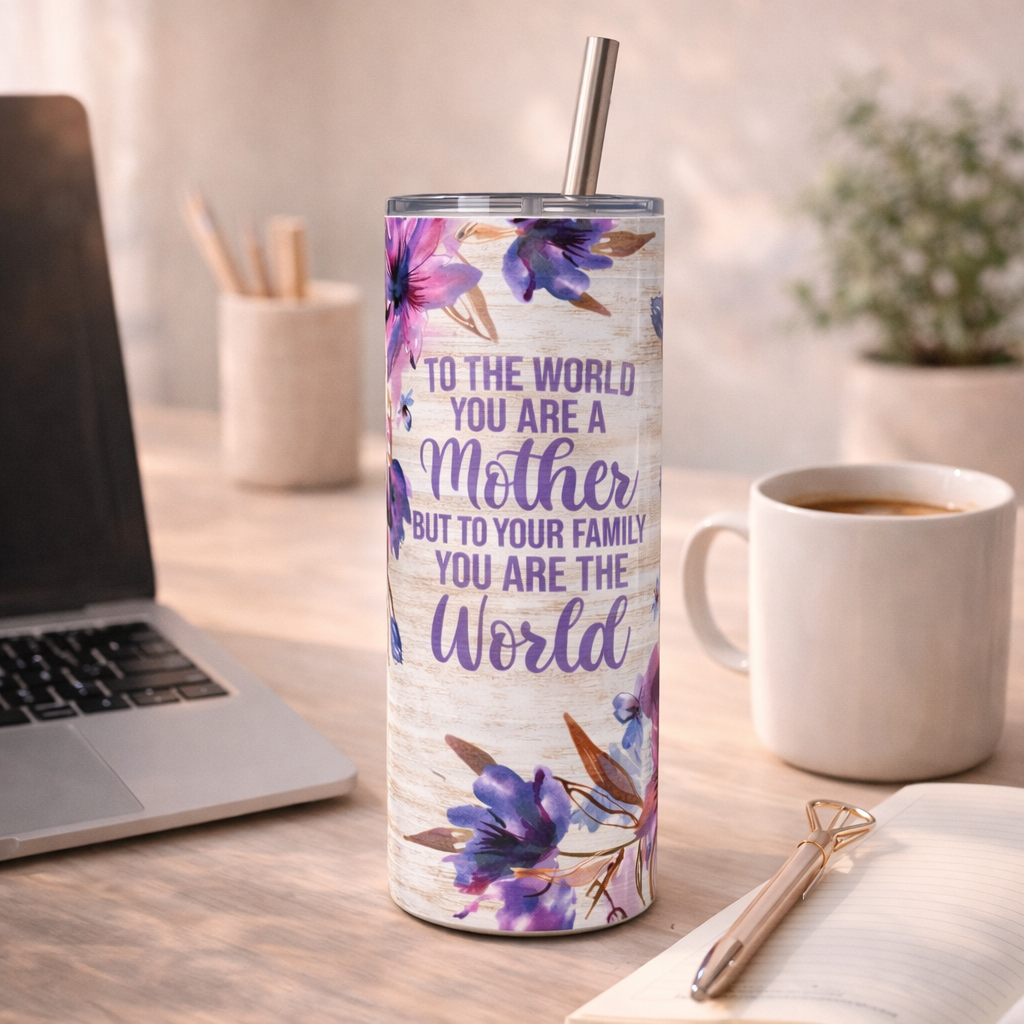 floral mom tumbler with quote to the world you are a mother but to your family you are the world 20oz stainless steel tumbler