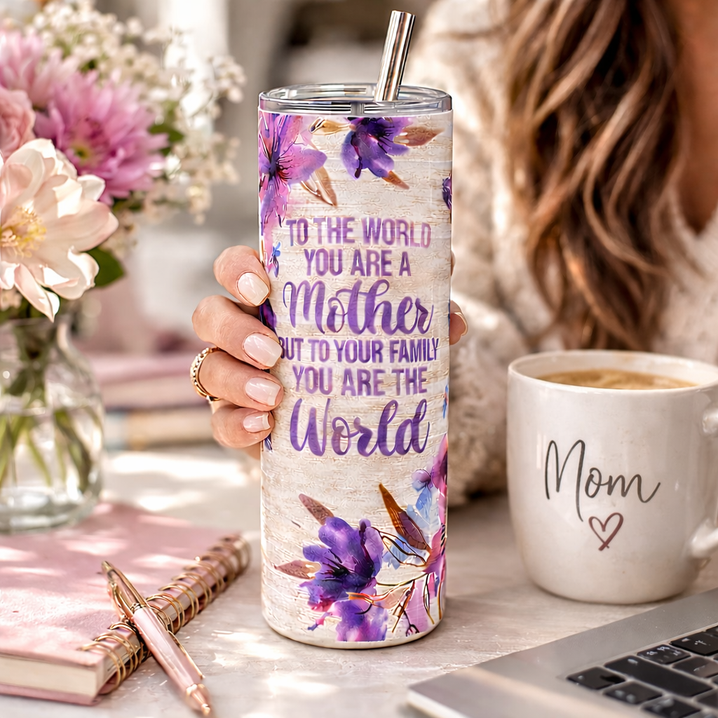 floral mom tumbler with quote to the world you are a mother but to your family you are the world 20oz stainless steel tumbler