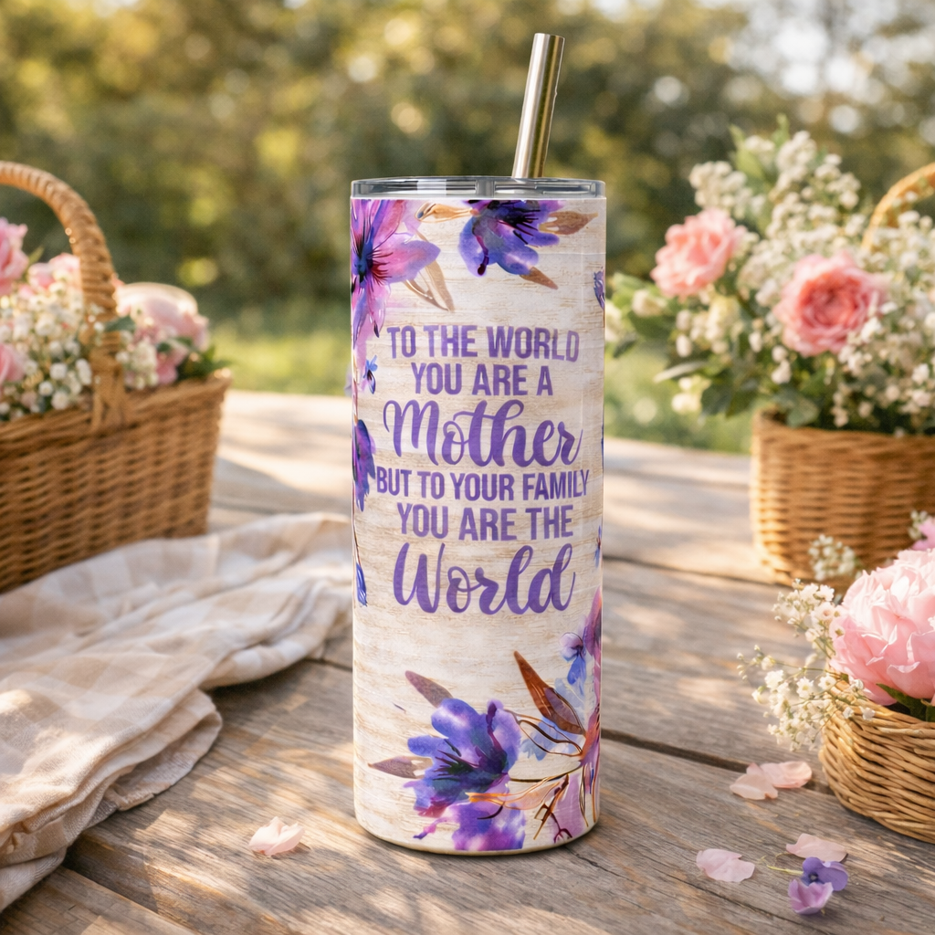 floral mom tumbler with quote to the world you are a mother but to your family you are the world 20oz stainless steel tumbler