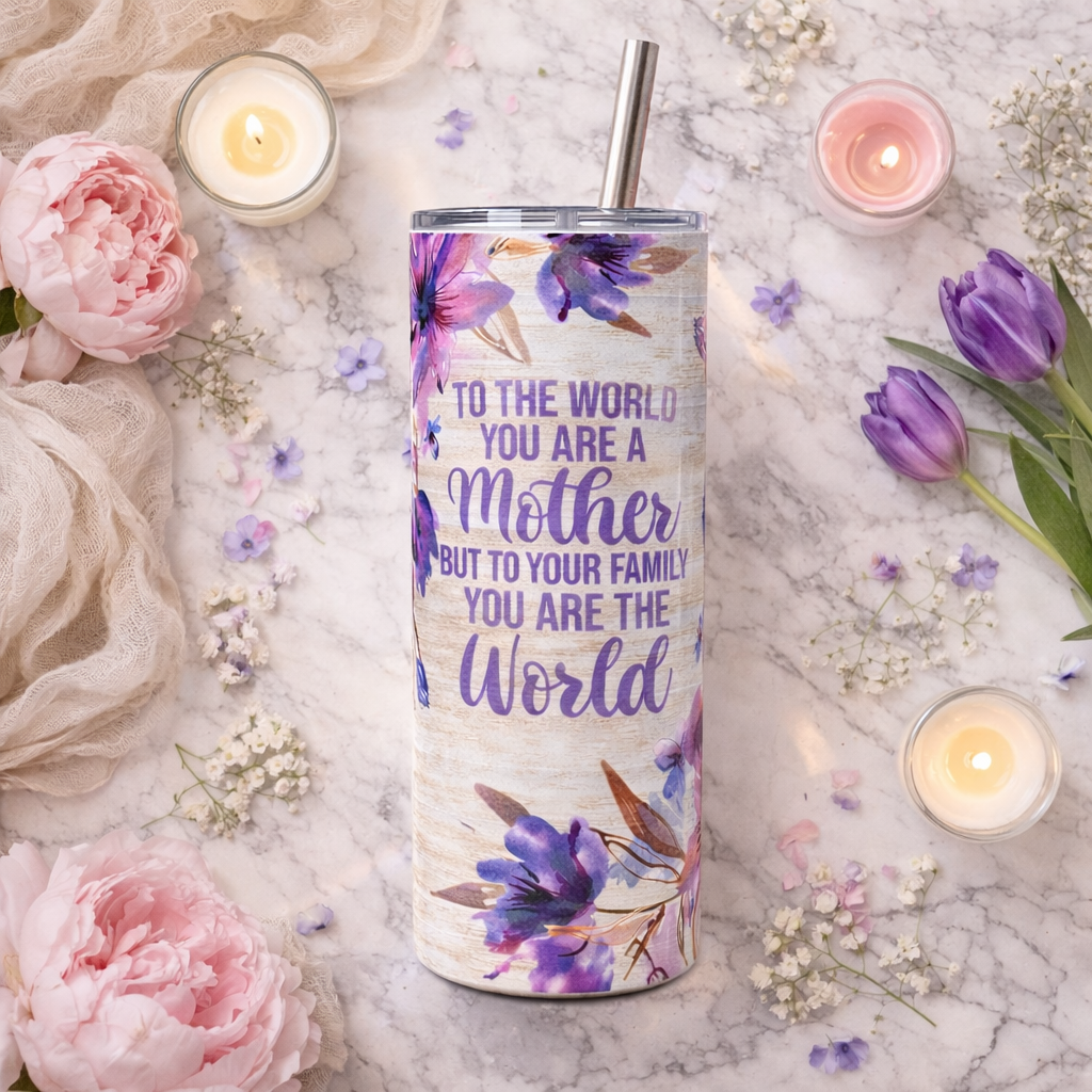 floral mom tumbler with quote to the world you are a mother but to your family you are the world 20oz stainless steel tumbler