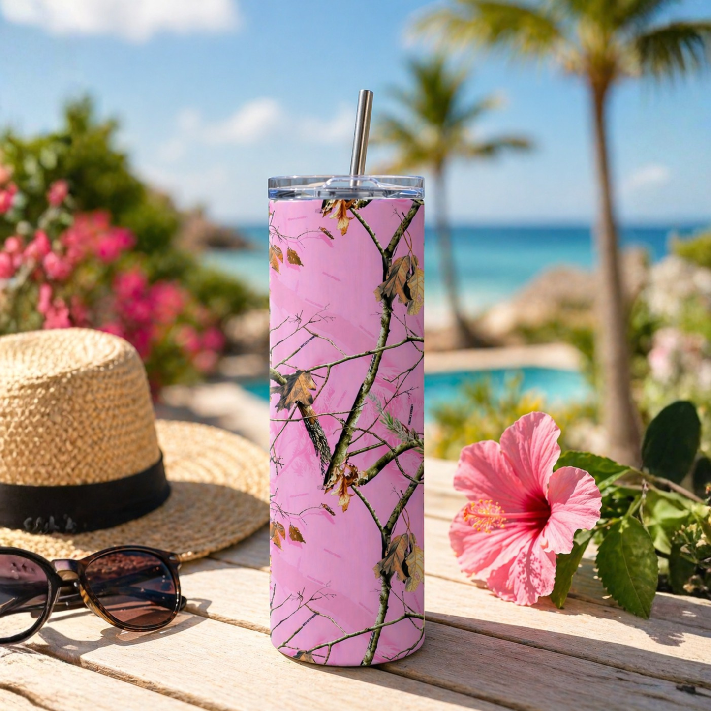 pink camo tumbler, beach lifestyle, summer drinkware