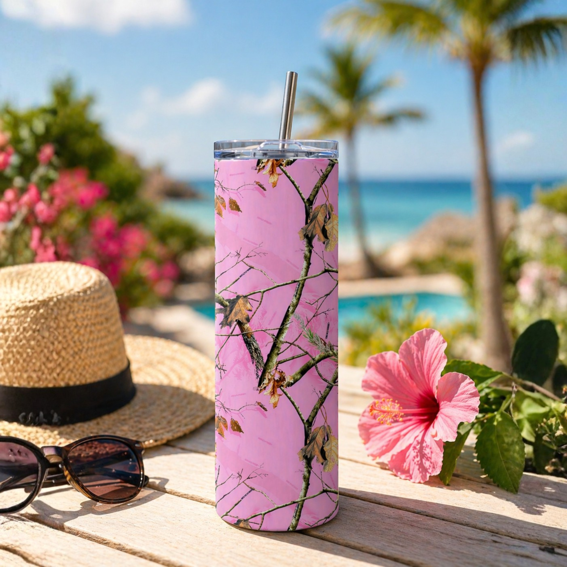 pink camo tumbler, beach lifestyle, summer drinkware
