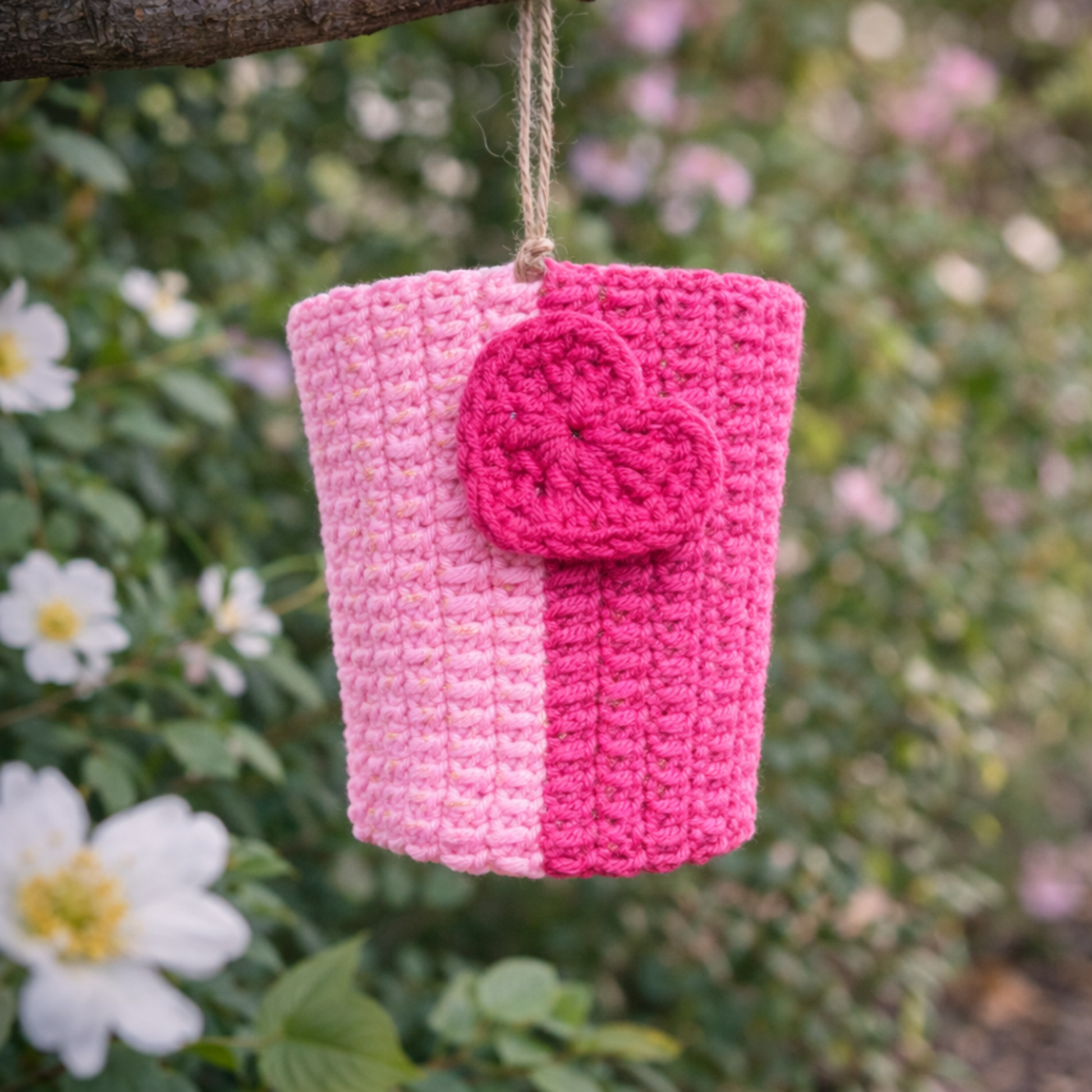 Pink crocheted pouch with a heart-shaped button hanging against a natural background with flowers.