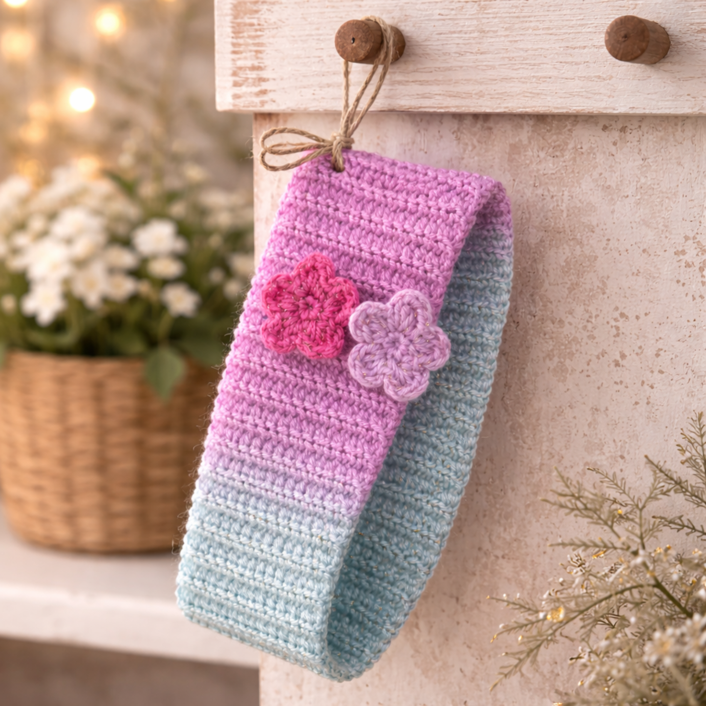 Crocheted headband with pink flowers hanging on a wooden surface with blurred background