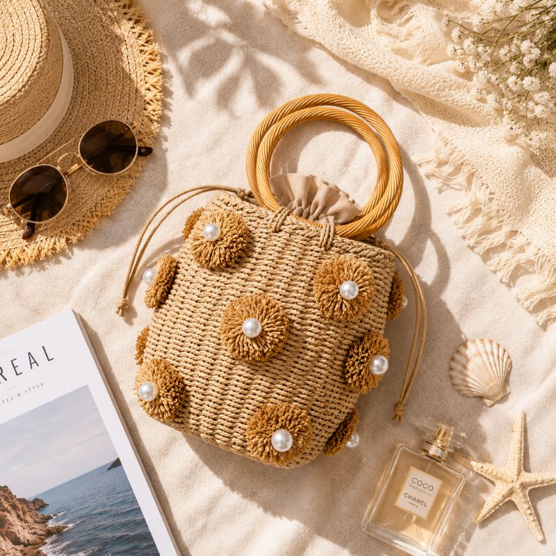 Pearl Floral Straw Bucket Rattan HandBag
