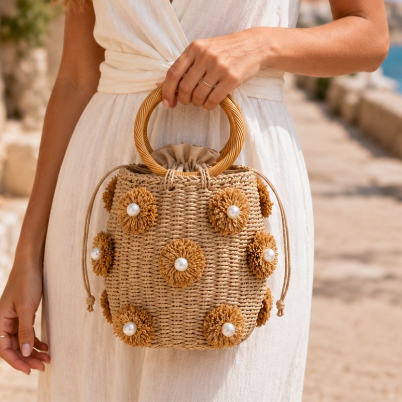 Pearl Floral Straw Bucket Rattan HandBag