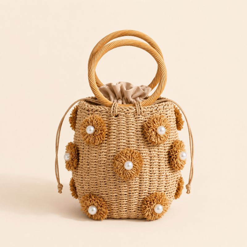 Pearl Floral Straw Bucket Rattan HandBag