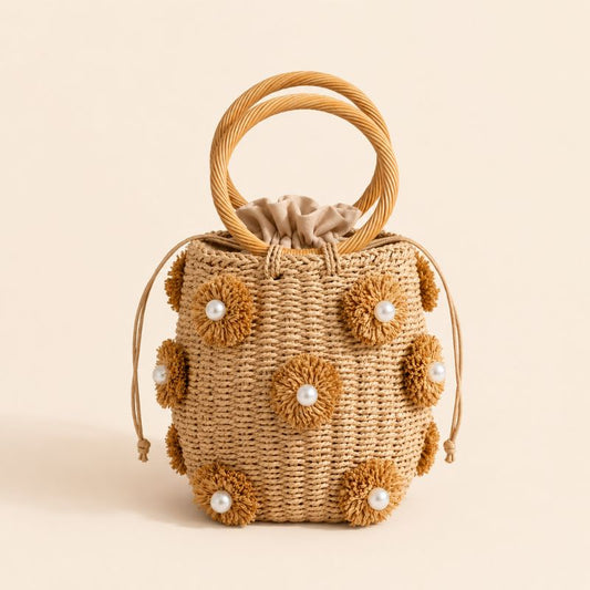 Pearl Floral Straw Bucket Rattan HandBag