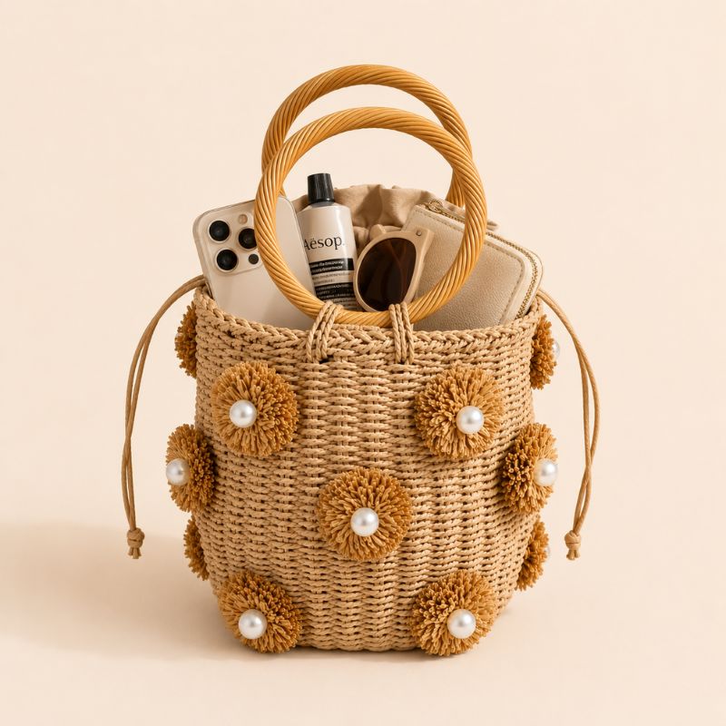 Pearl Floral Straw Bucket Rattan HandBag