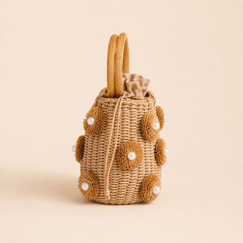 Pearl Floral Straw Bucket Rattan HandBag