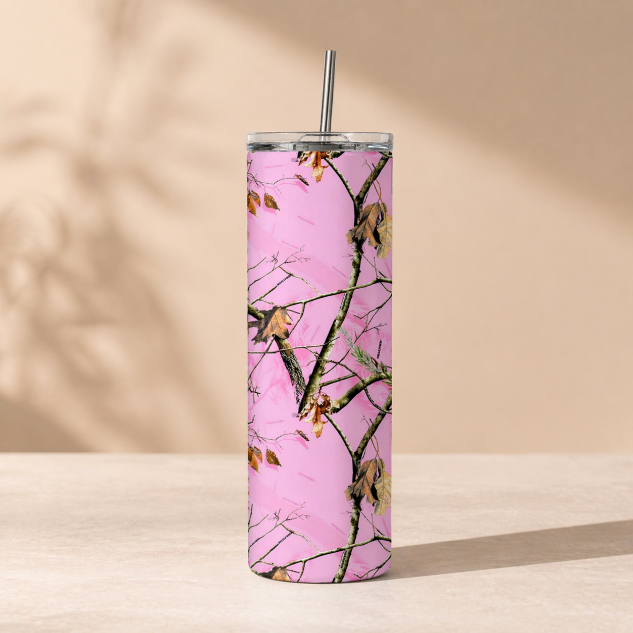 pink camo skinny tumbler 20oz stainless steel with straw