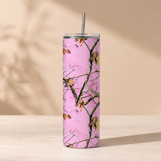 pink camo skinny tumbler 20oz stainless steel with straw