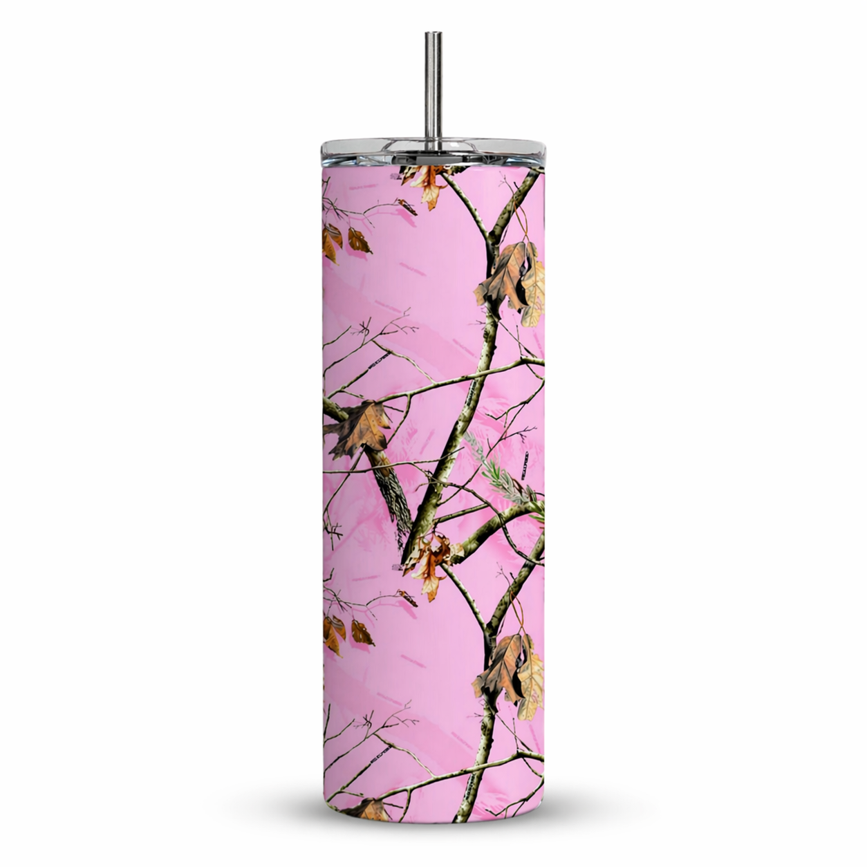 Tumbler with pink camouflage design on a white background