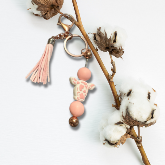 Pink Cow Print Tassel Keychain