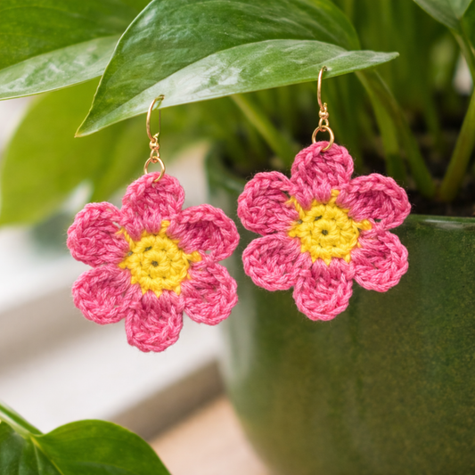 Pink Crochet Flower Earrings