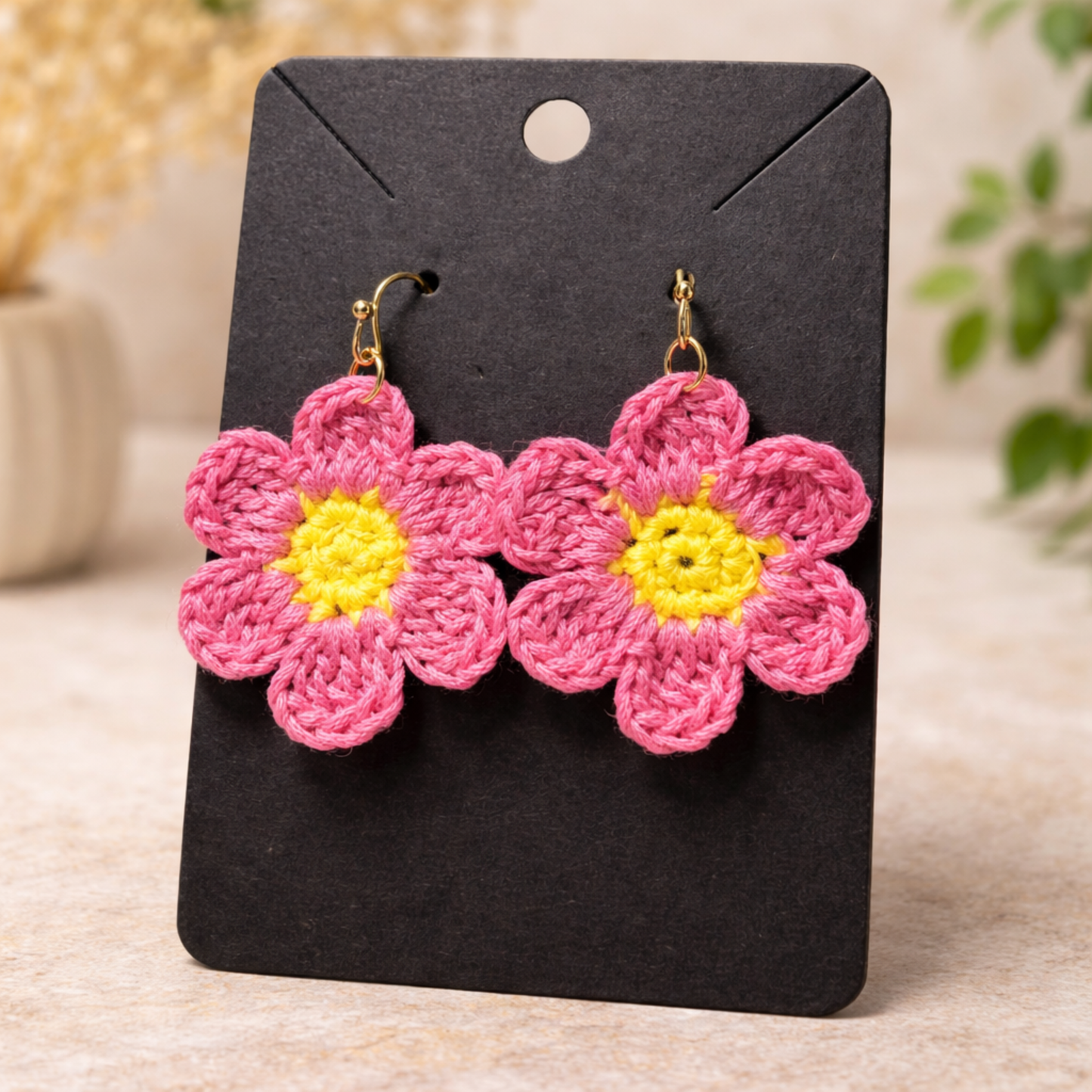 Pink Crochet Flower Earrings