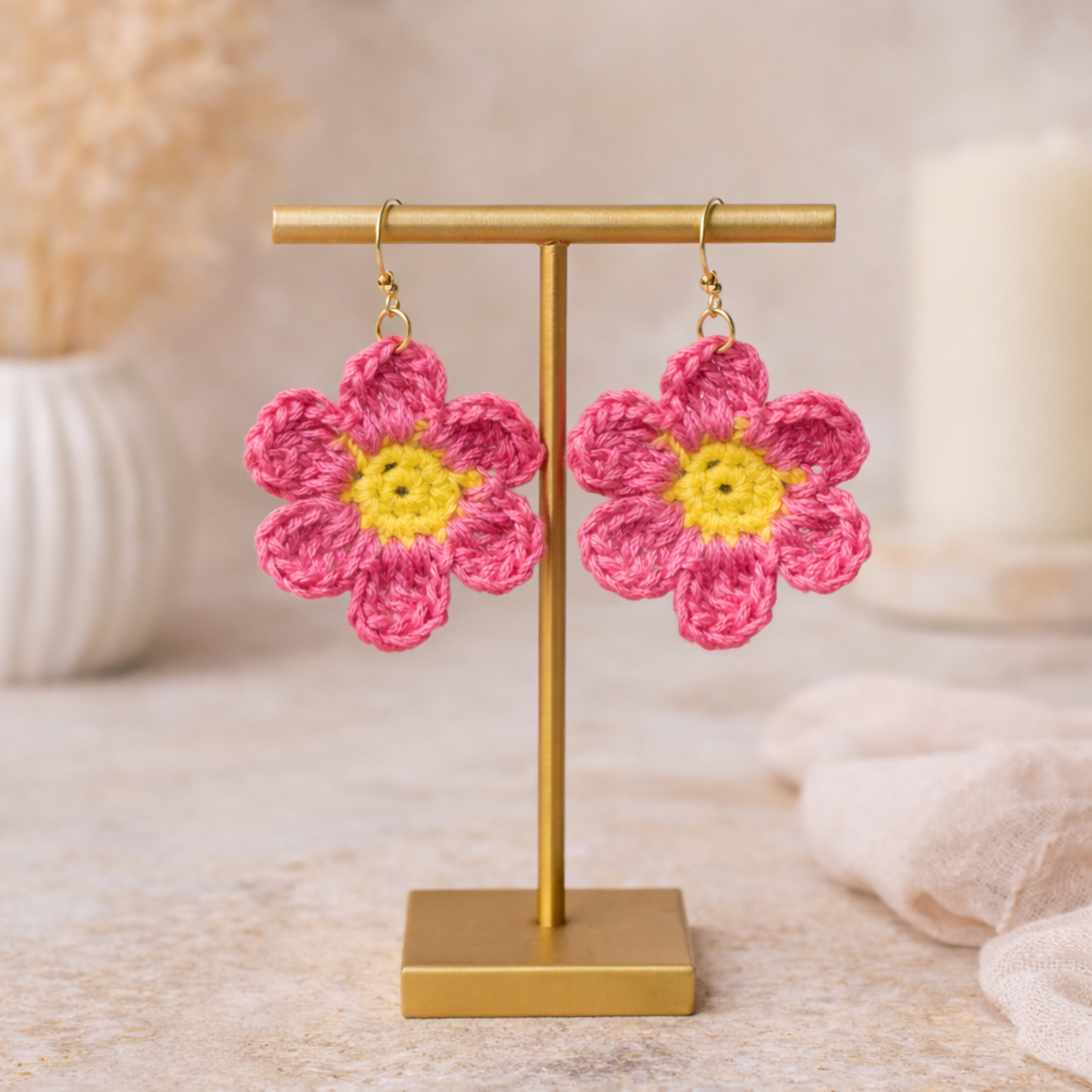 Pink Crochet Flower Earrings