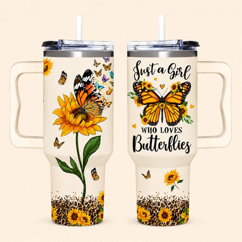 Two tumblers with butterfly and sunflower designs on a beige background