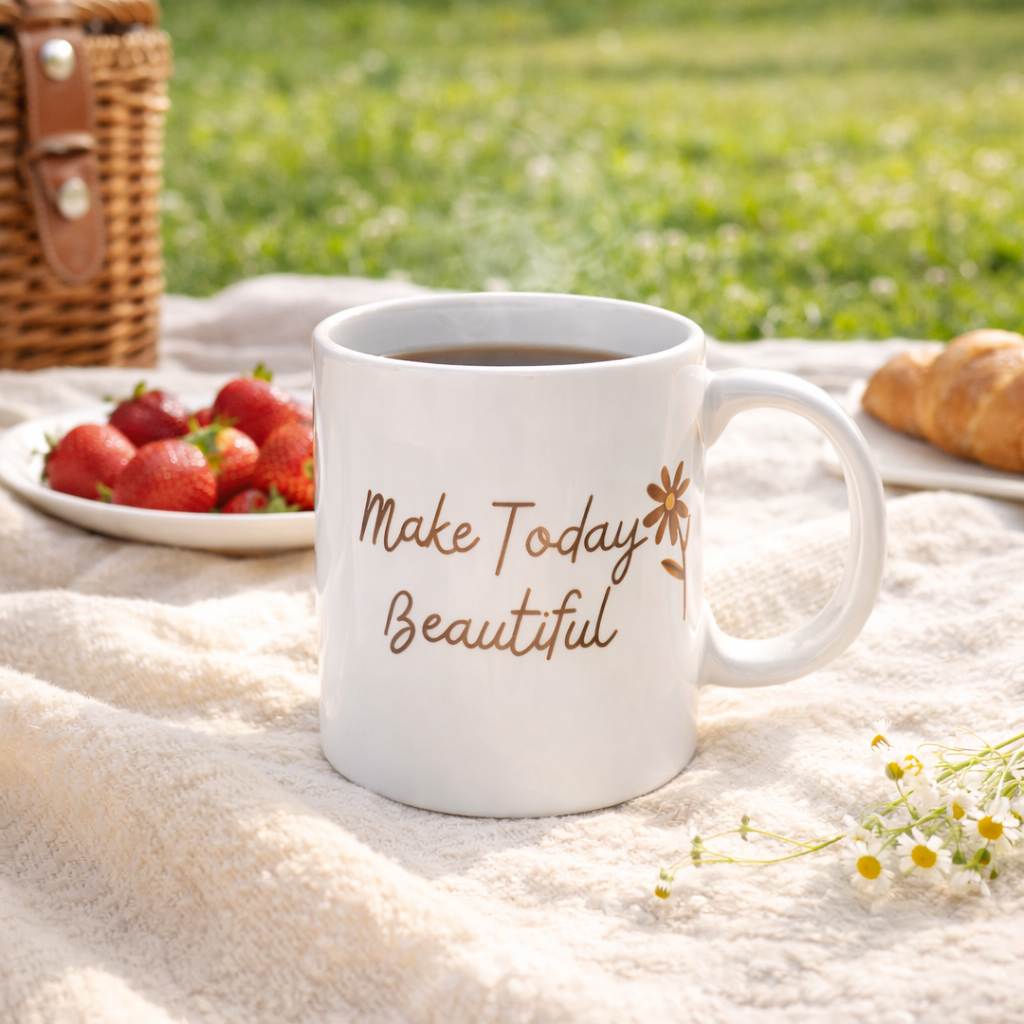 White mug with 'Make Today Beautiful' text on a picnic blanket with strawberries and a croissant.