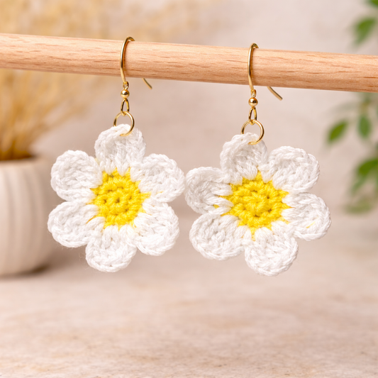 White Crochet Daisy Handmade Floral Earrings