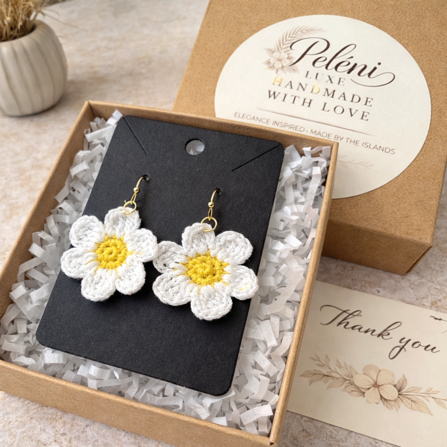 White Crochet Daisy Handmade Floral Earrings